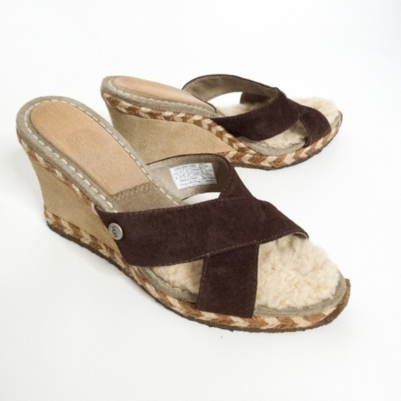 UGG Margot Brown Leather Shearling Wedge Espadrille Slip On Sandals - Picture 1 of 13